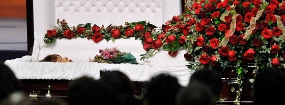 GARDENA, CA - JANUARY 28: Etta James casket is opened for a last viewing before burial in the City Of Refuge Church on January 28, 2012 in Gardena, California. (Photo by Toby Canham/Getty Images)